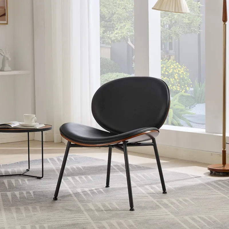 Fauteuil d'appoint en cuir PU noir, finition noyer, une place