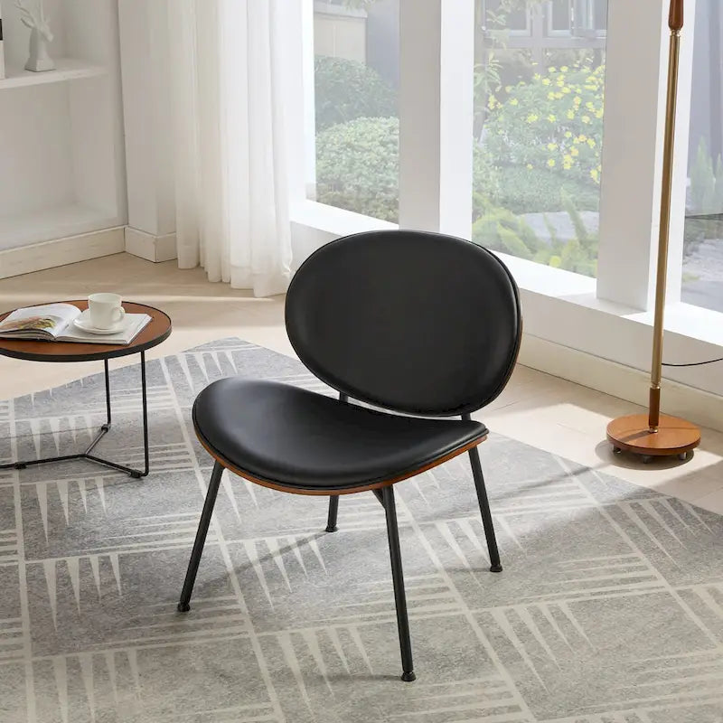 Fauteuil d'appoint en cuir PU noir, finition noyer, une place