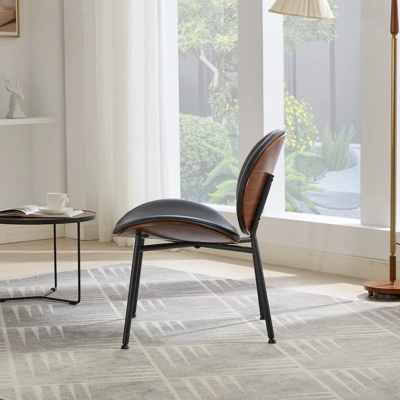 Fauteuil d'appoint en cuir PU noir, finition noyer, une place