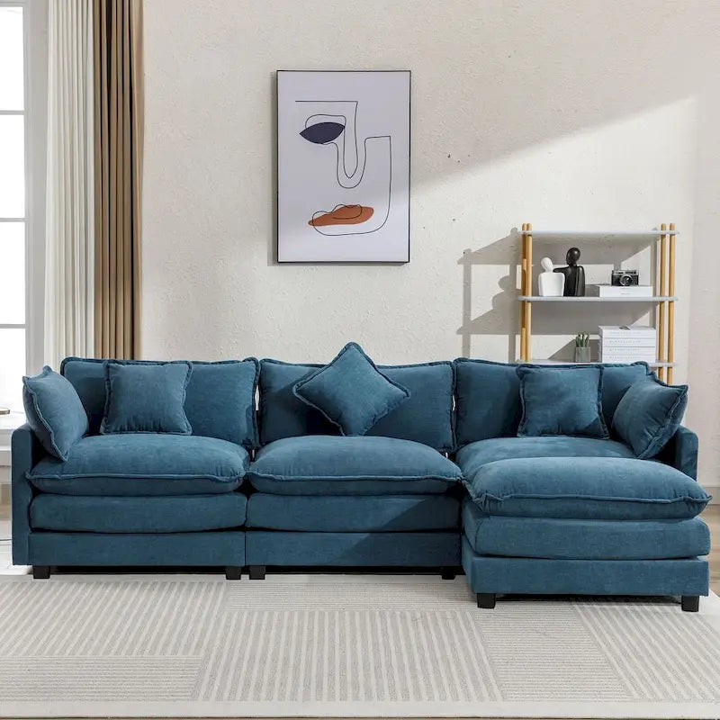 Canapé d'angle en chenille bleu / gris / noir / beige avec pouf et 5 coussins – 2 places et plus