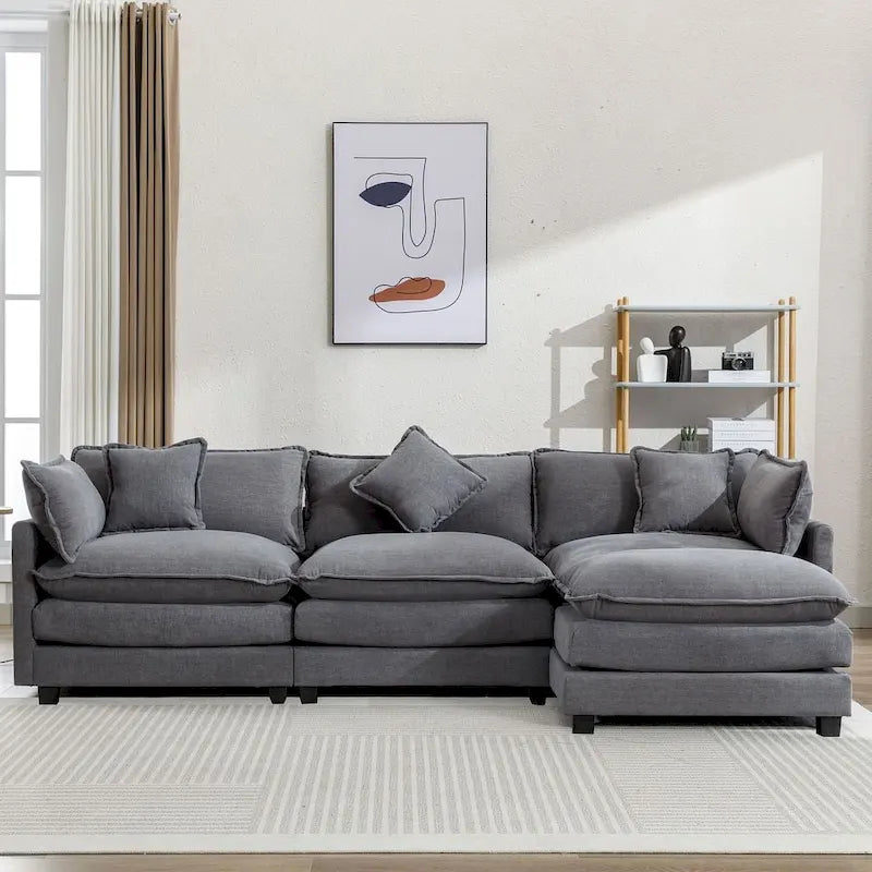 Canapé d'angle en chenille bleu / gris / noir / beige avec pouf et 5 coussins – 2 places et plus