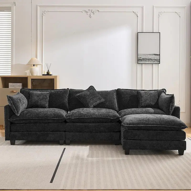 Canapé d'angle en chenille bleu / gris / noir / beige avec pouf et 5 coussins – 2 places et plus