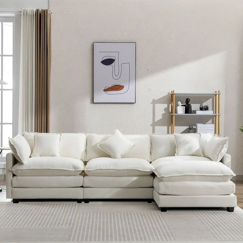 Canapé d'angle en chenille bleu / gris / noir / beige avec pouf et 5 coussins – 2 places et plus