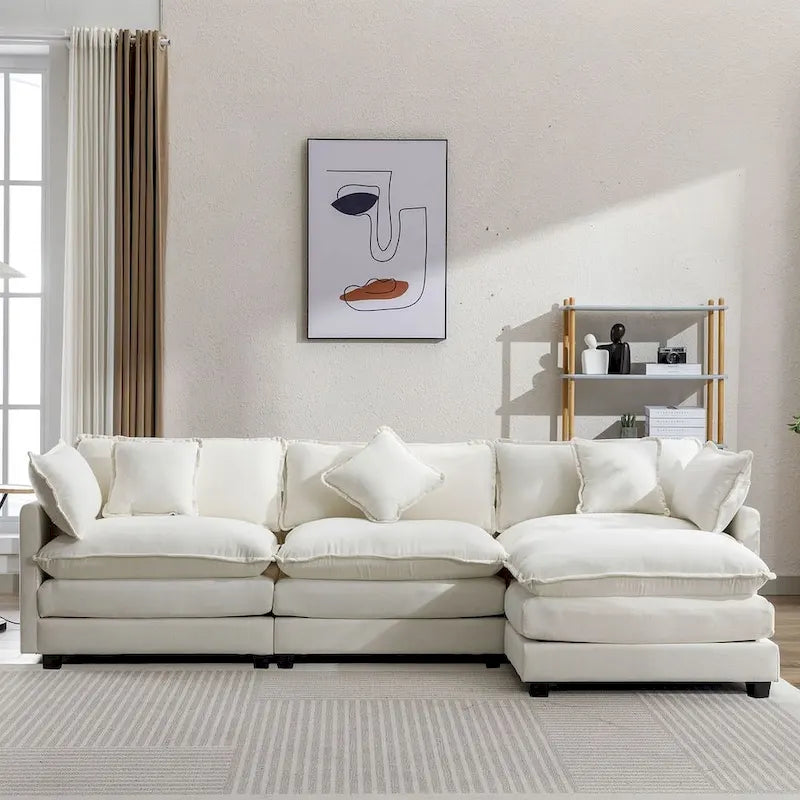 Canapé d'angle en chenille bleu / gris / noir / beige avec pouf et 5 coussins – 2 places et plus