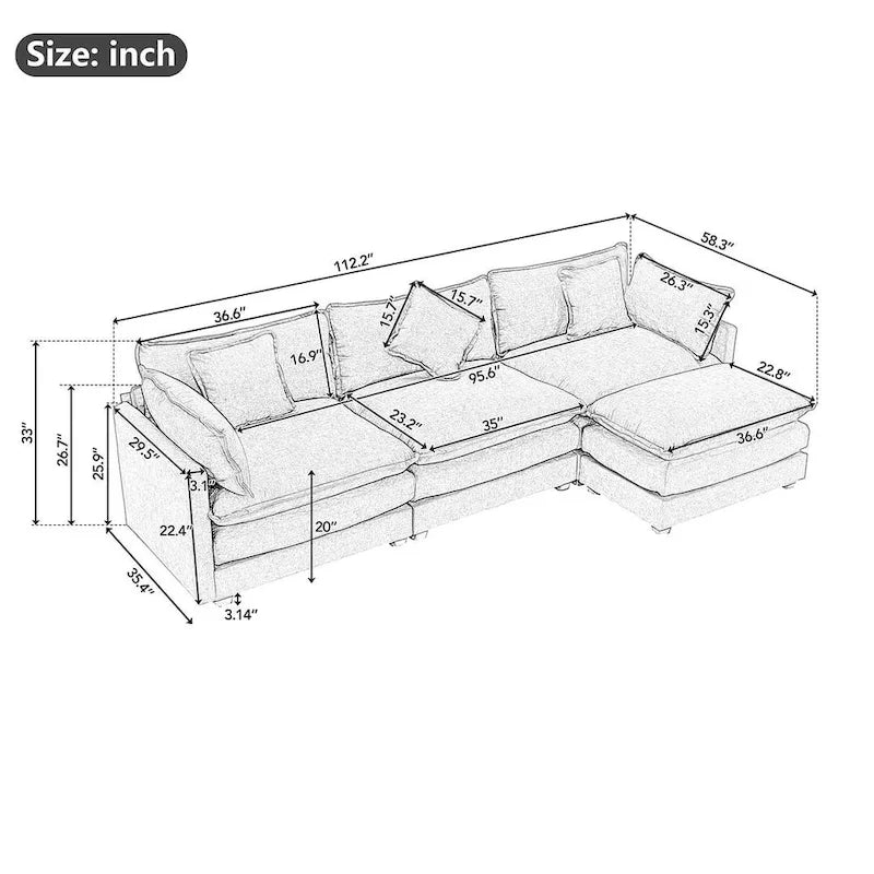 Canapé d'angle en chenille bleu / gris / noir / beige avec pouf et 5 coussins – 2 places et plus
