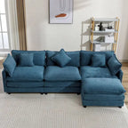 Canapé d'angle en chenille bleu / gris / noir / beige avec pouf et 5 coussins – 2 places et plus