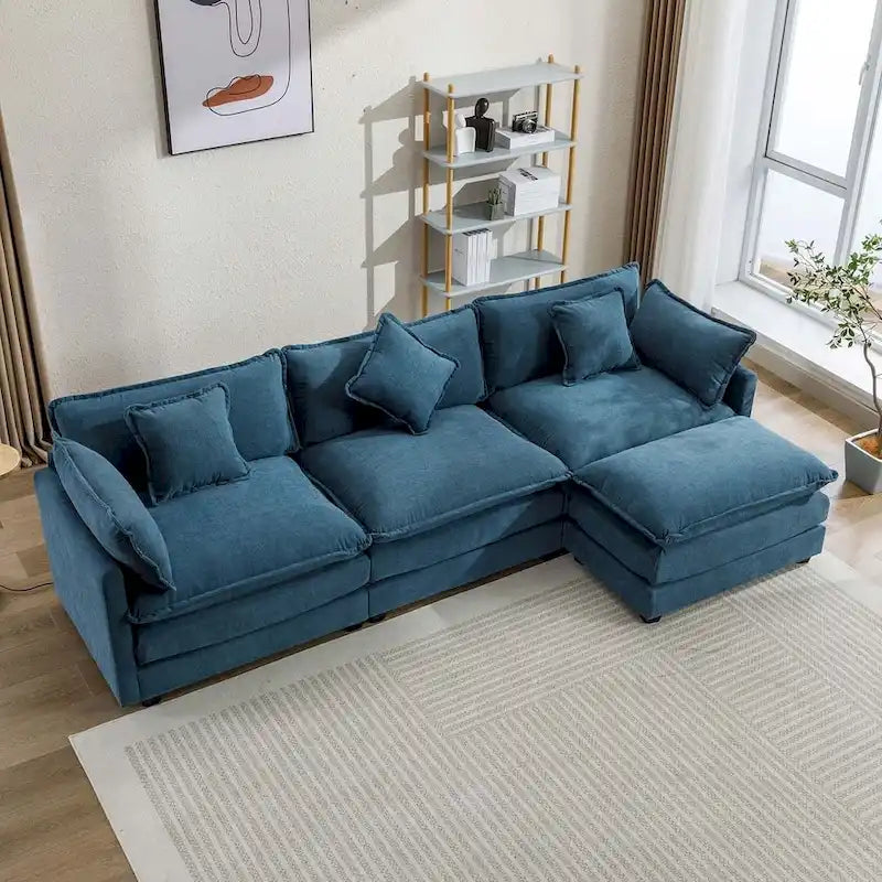 Canapé d'angle en chenille bleu / gris / noir / beige avec pouf et 5 coussins – 2 places et plus