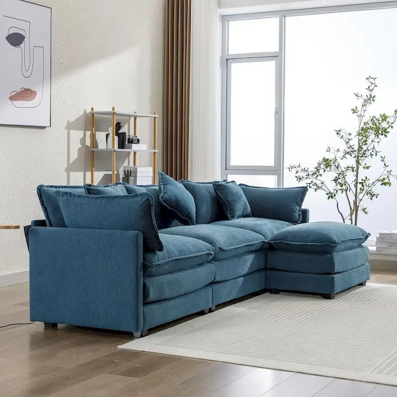 Canapé d'angle en chenille bleu / gris / noir / beige avec pouf et 5 coussins – 2 places et plus