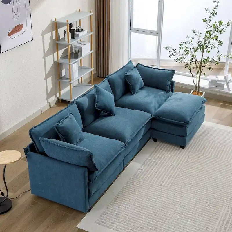 Canapé d'angle en chenille bleu / gris / noir / beige avec pouf et 5 coussins – 2 places et plus