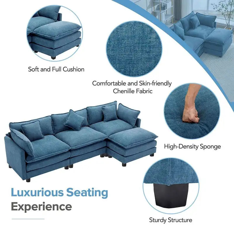 Canapé d'angle en chenille bleu / gris / noir / beige avec pouf et 5 coussins – 2 places et plus