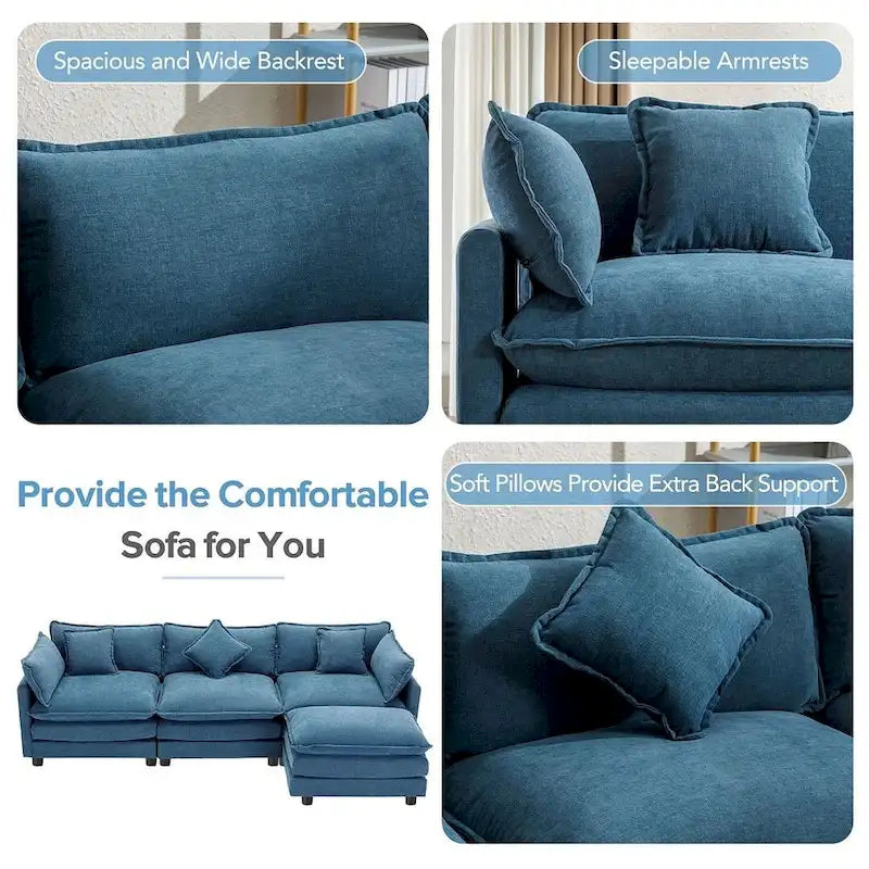 Canapé d'angle en chenille bleu / gris / noir / beige avec pouf et 5 coussins – 2 places et plus
