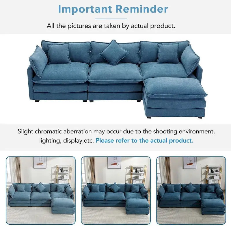 Canapé d'angle en chenille bleu / gris / noir / beige avec pouf et 5 coussins – 2 places et plus