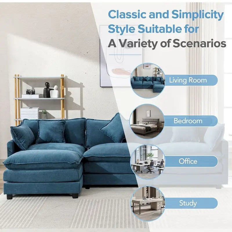 Canapé d'angle en chenille bleu / gris / noir / beige avec pouf et 5 coussins – 2 places et plus