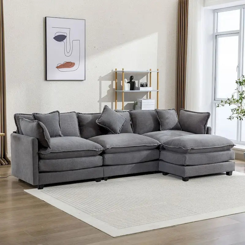 Canapé d'angle en chenille bleu / gris / noir / beige avec pouf et 5 coussins – 2 places et plus