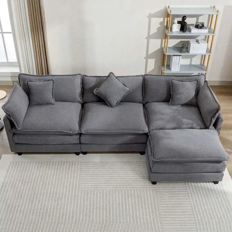 Canapé d'angle en chenille bleu / gris / noir / beige avec pouf et 5 coussins – 2 places et plus