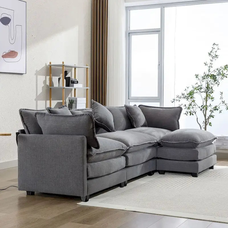 Canapé d'angle en chenille bleu / gris / noir / beige avec pouf et 5 coussins – 2 places et plus