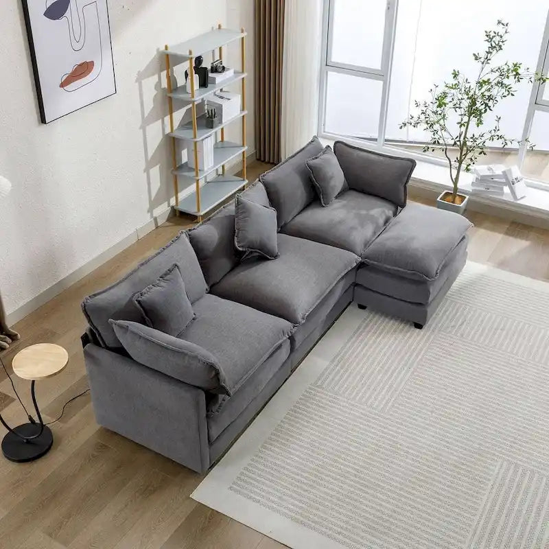 Canapé d'angle en chenille bleu / gris / noir / beige avec pouf et 5 coussins – 2 places et plus