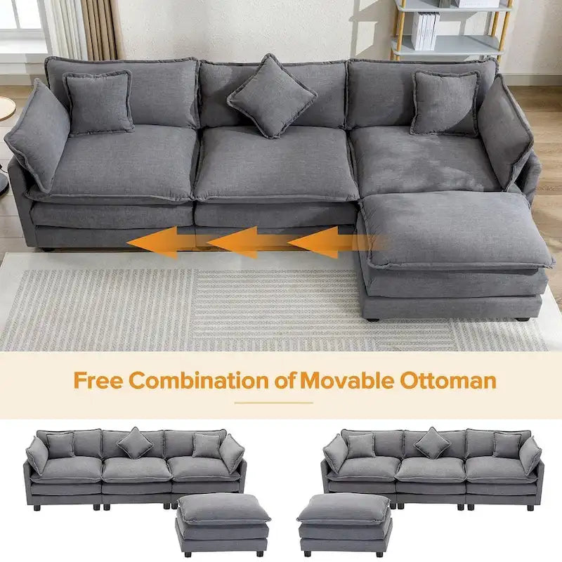 Canapé d'angle en chenille bleu / gris / noir / beige avec pouf et 5 coussins – 2 places et plus