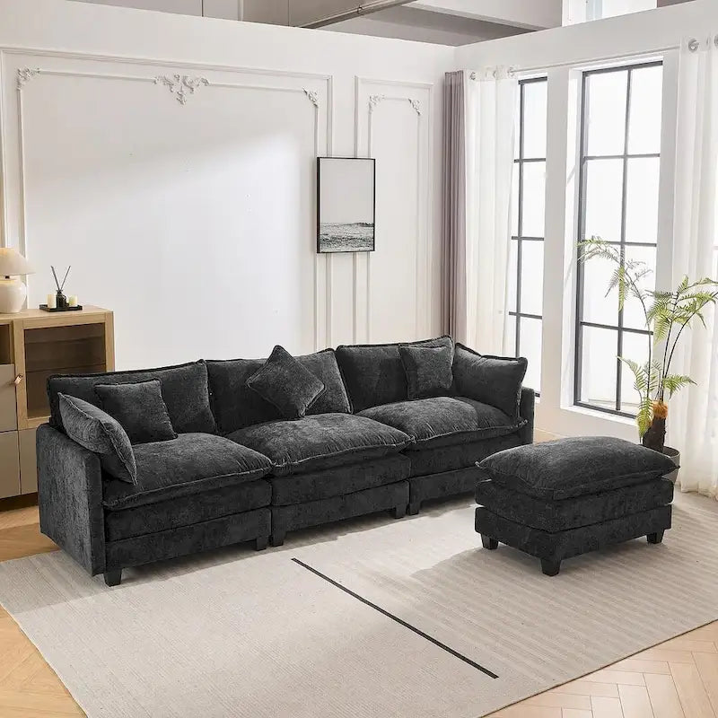 Canapé d'angle en chenille bleu / gris / noir / beige avec pouf et 5 coussins – 2 places et plus