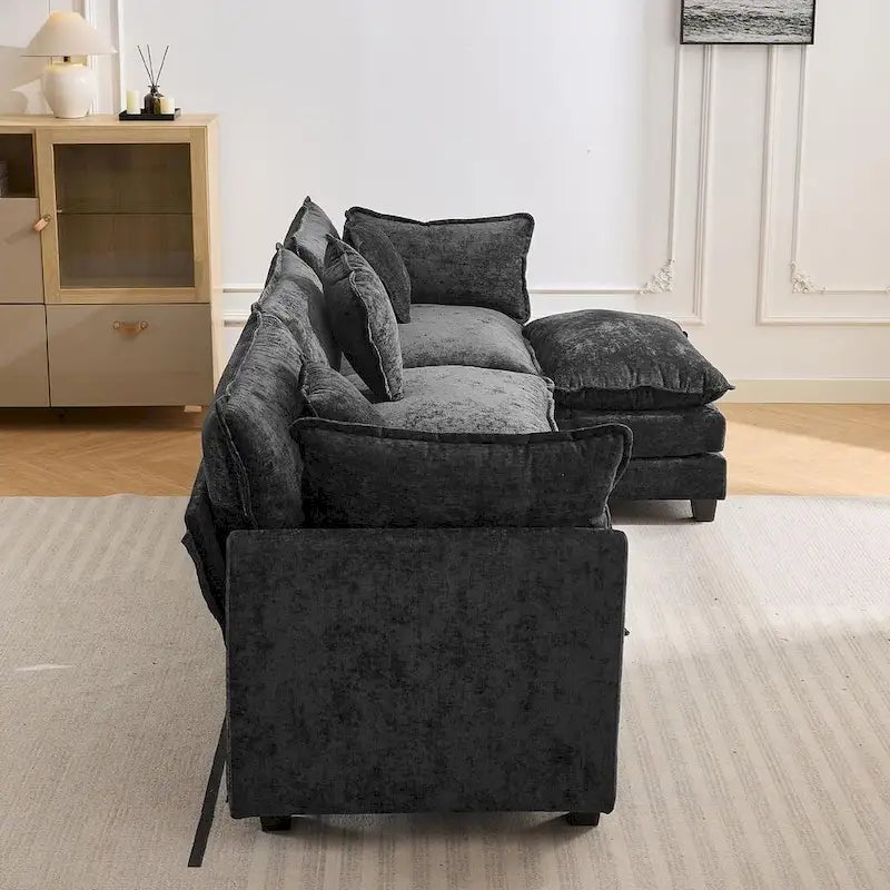 Canapé d'angle en chenille bleu / gris / noir / beige avec pouf et 5 coussins – 2 places et plus