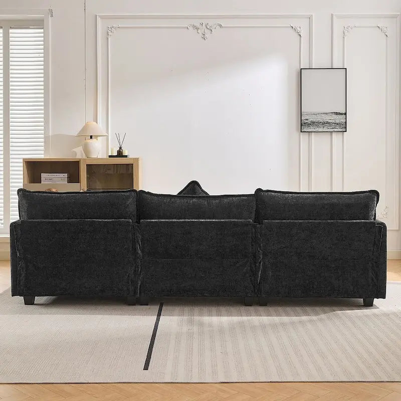 Canapé d'angle en chenille bleu / gris / noir / beige avec pouf et 5 coussins – 2 places et plus