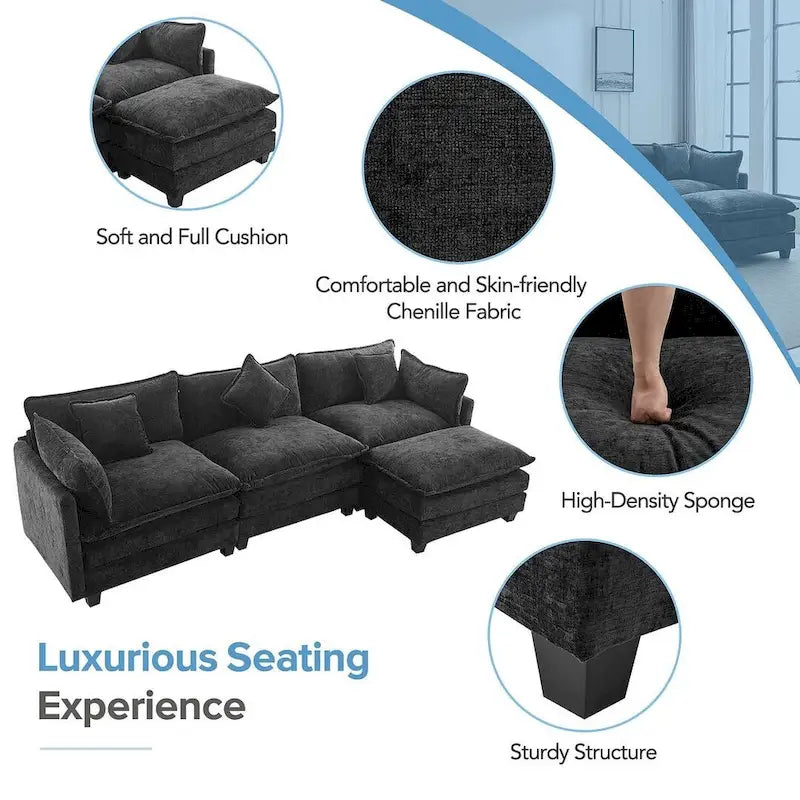 Canapé d'angle en chenille bleu / gris / noir / beige avec pouf et 5 coussins – 2 places et plus