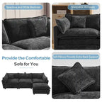 Canapé d'angle en chenille bleu / gris / noir / beige avec pouf et 5 coussins – 2 places et plus