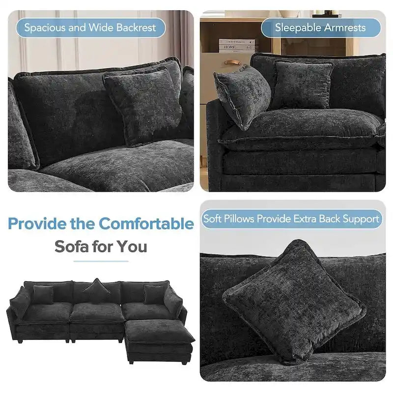 Canapé d'angle en chenille bleu / gris / noir / beige avec pouf et 5 coussins – 2 places et plus