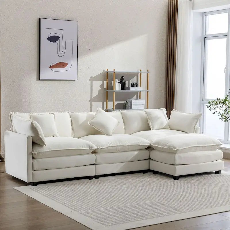 Canapé d'angle en chenille bleu / gris / noir / beige avec pouf et 5 coussins – 2 places et plus
