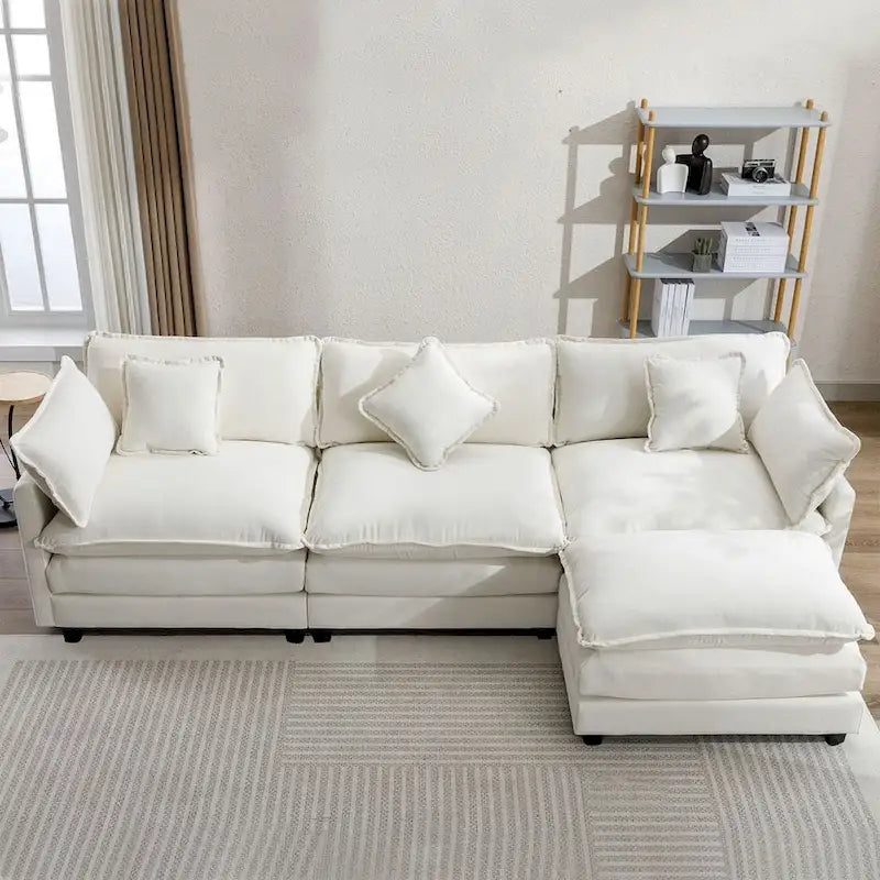 Canapé d'angle en chenille bleu / gris / noir / beige avec pouf et 5 coussins – 2 places et plus