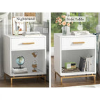 Table de chevet blanche et dorée à 1 tiroir avec étagère ouverte, lot de 2