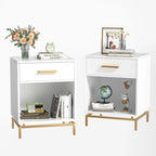 Table de chevet blanche et dorée à 1 tiroir avec étagère ouverte, lot de 2