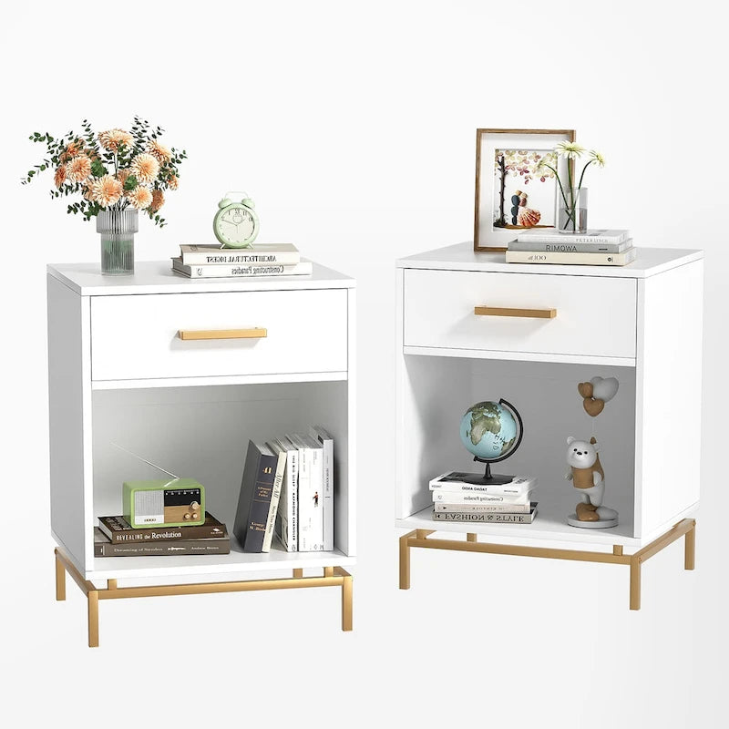 Table de chevet blanche et dorée à 1 tiroir avec étagère ouverte, lot de 2