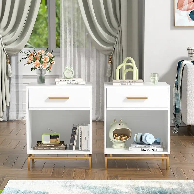 Table de chevet blanche et dorée à 1 tiroir avec étagère ouverte, lot de 2
