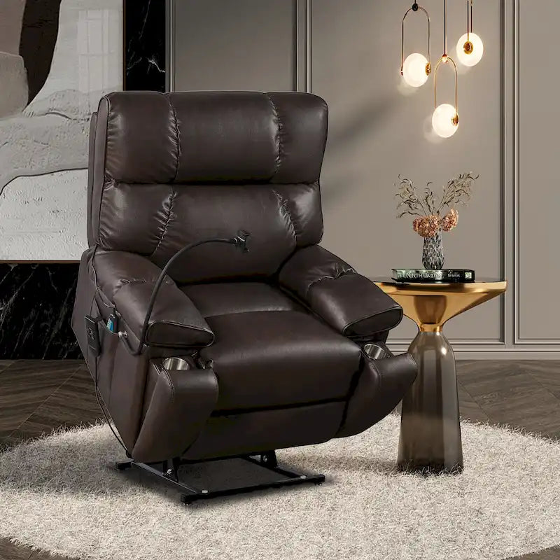 Fauteuil inclinable releveur électrique gris/marron avec massage et chauffage, une place