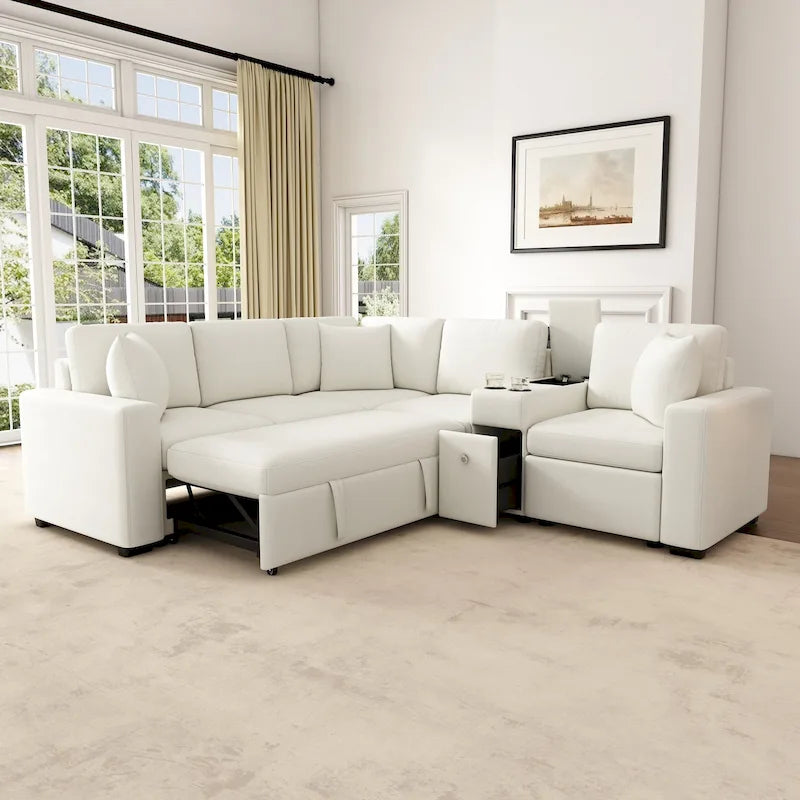 Canapé d'angle convertible 3 places en chenille blanc/bleu/orange de 120,5"