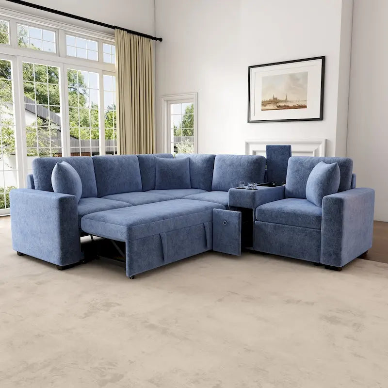 Canapé d'angle convertible 3 places en chenille blanc/bleu/orange de 120,5"