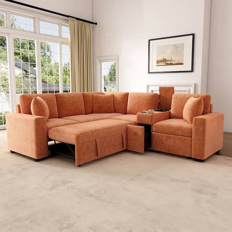 Canapé d'angle convertible 3 places en chenille blanc/bleu/orange de 120,5"