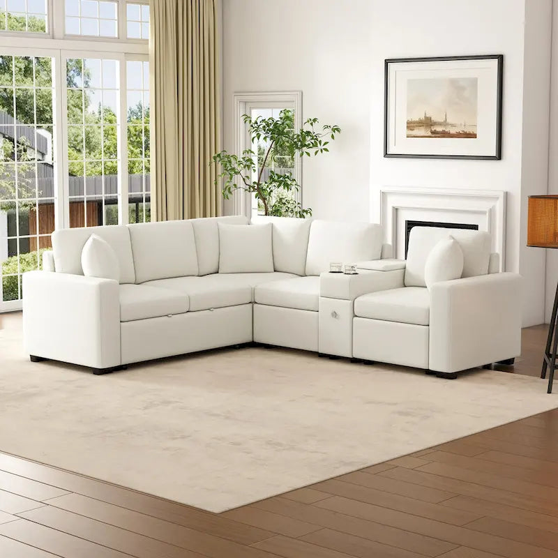 Canapé d'angle convertible 3 places en chenille blanc/bleu/orange de 120,5"