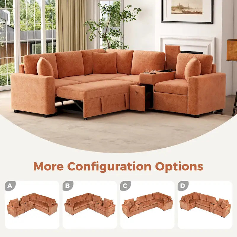 Canapé d'angle convertible 3 places en chenille blanc/bleu/orange de 120,5"