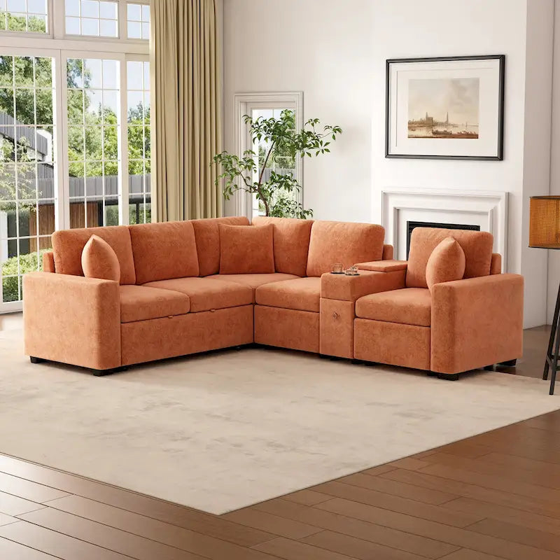 Canapé d'angle convertible 3 places en chenille blanc/bleu/orange de 120,5"