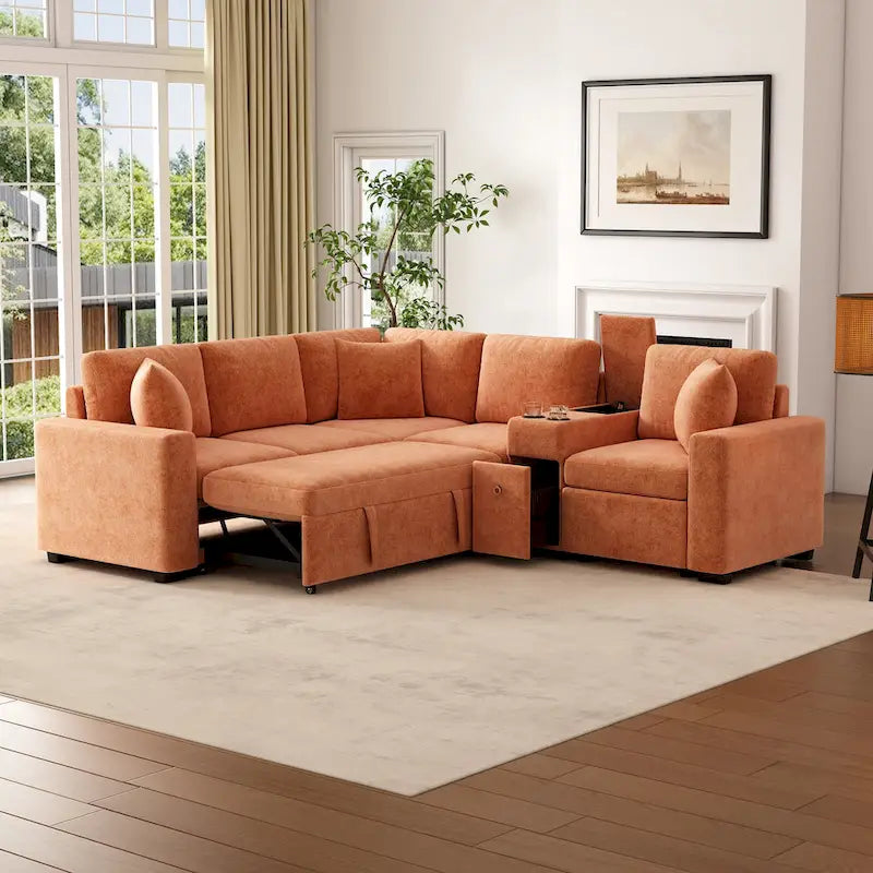 Canapé d'angle convertible 3 places en chenille blanc/bleu/orange de 120,5"