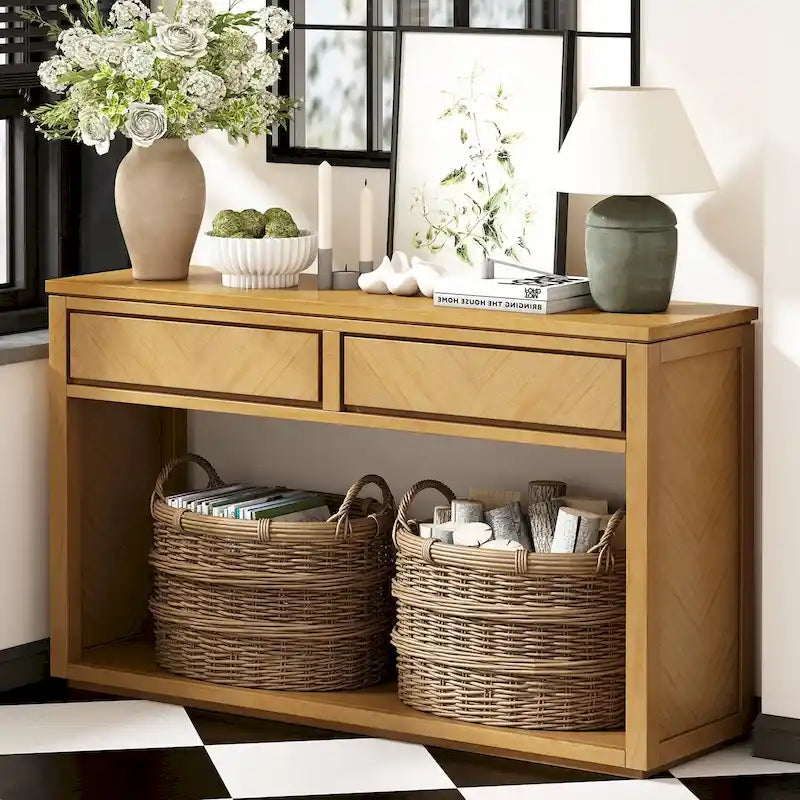 Console avec étagère et 2 tiroirs motif chevron 55 po – Brun / Miel / Naturel / Espresso
