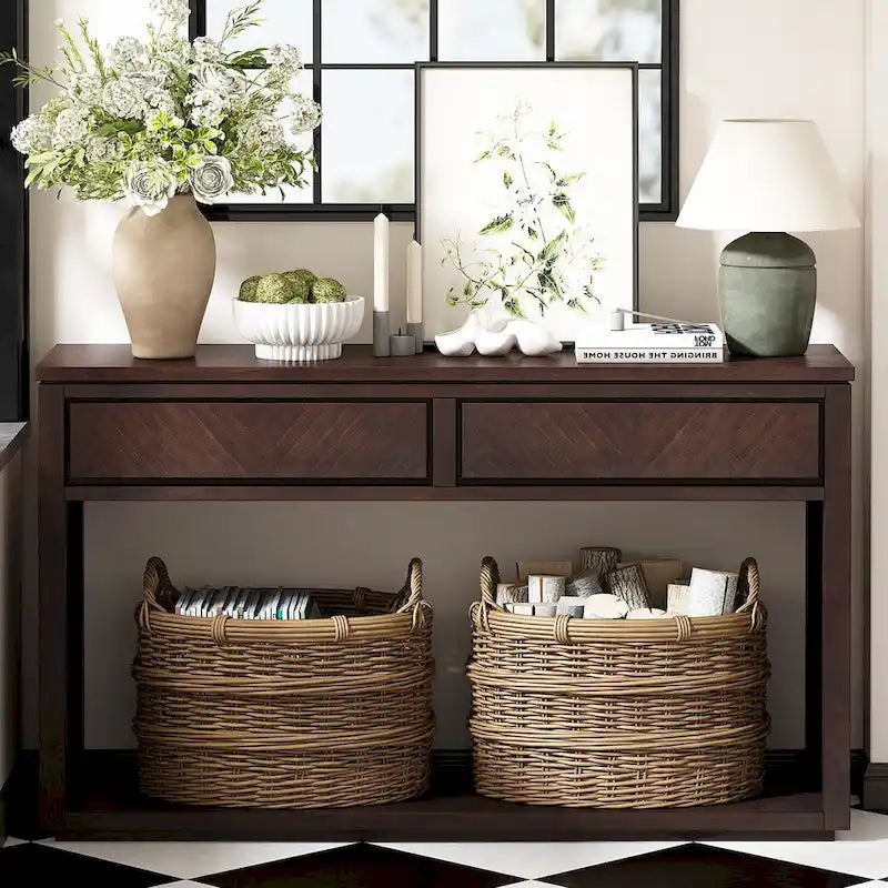 Console avec étagère et 2 tiroirs motif chevron 55 po – Brun / Miel / Naturel / Espresso