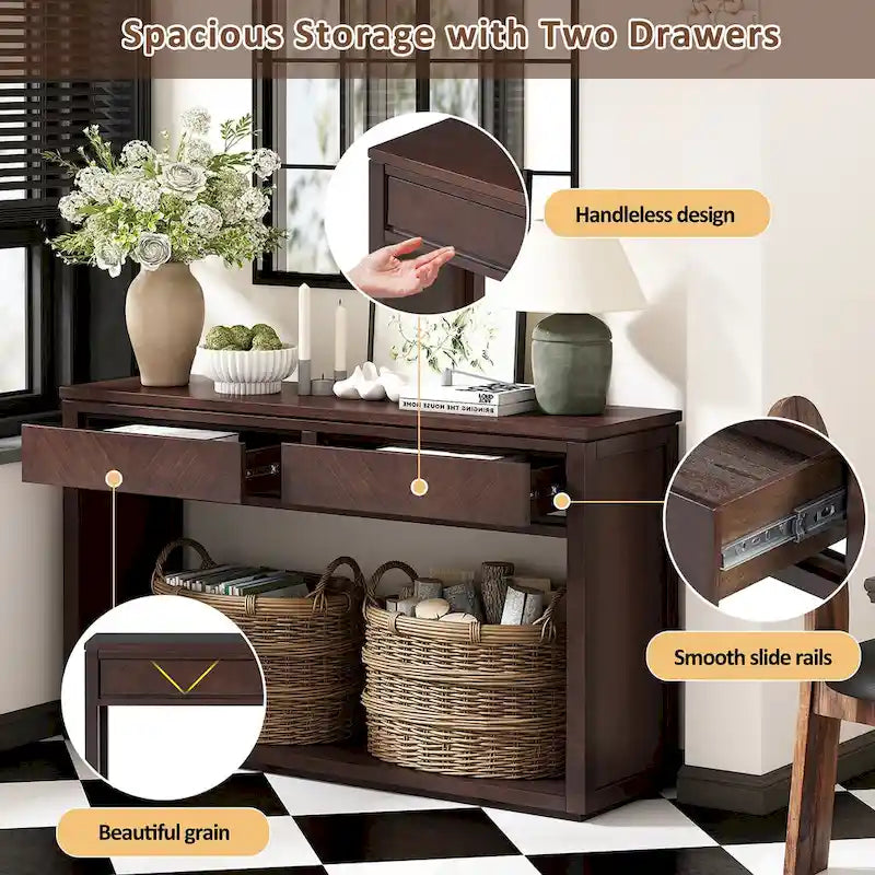 Console avec étagère et 2 tiroirs motif chevron 55 po – Brun / Miel / Naturel / Espresso