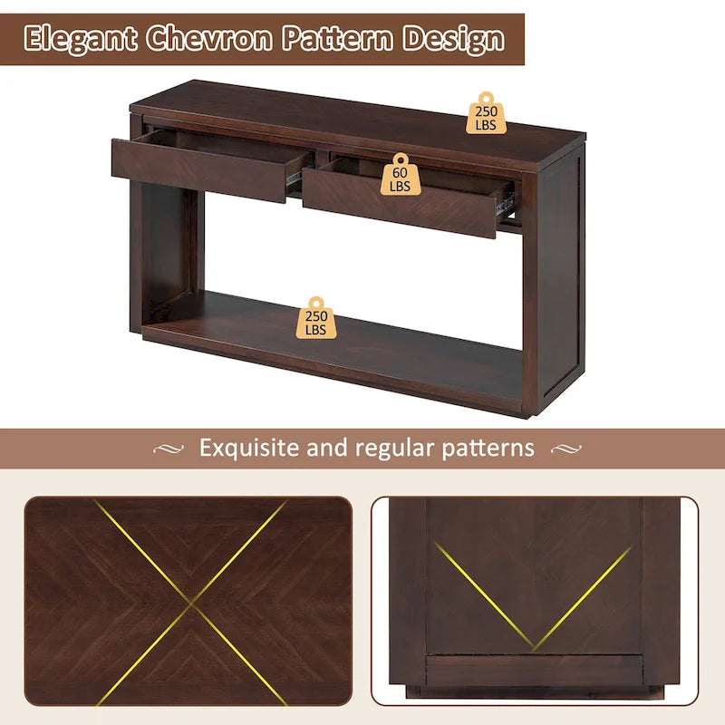 Console avec étagère et 2 tiroirs motif chevron 55 po – Brun / Miel / Naturel / Espresso