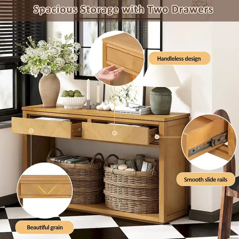 Console avec étagère et 2 tiroirs motif chevron 55 po – Brun / Miel / Naturel / Espresso