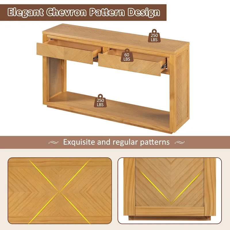 Console avec étagère et 2 tiroirs motif chevron 55 po – Brun / Miel / Naturel / Espresso