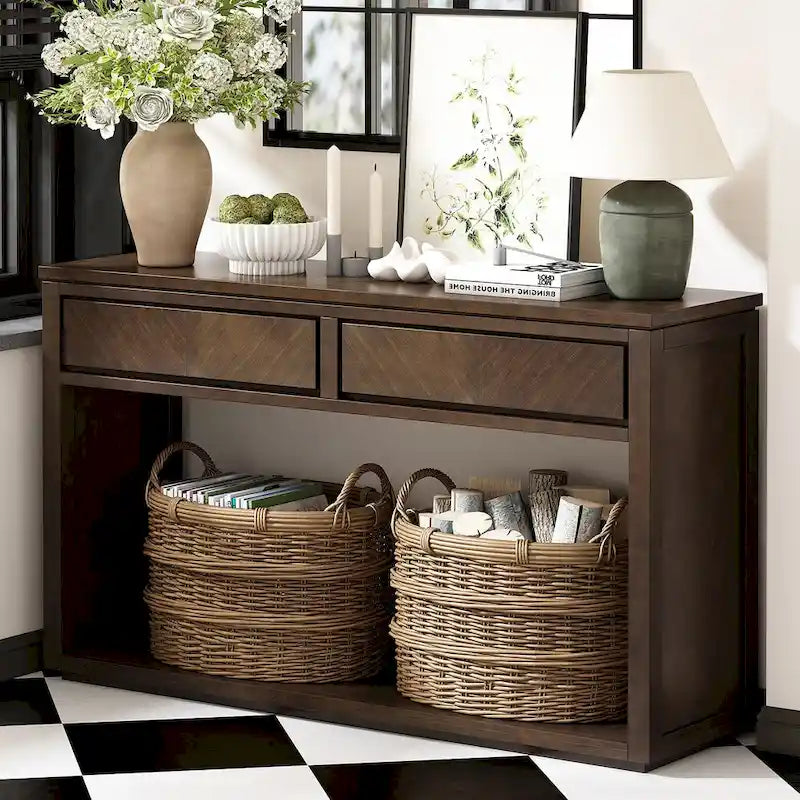 Console avec étagère et 2 tiroirs motif chevron 55 po – Brun / Miel / Naturel / Espresso