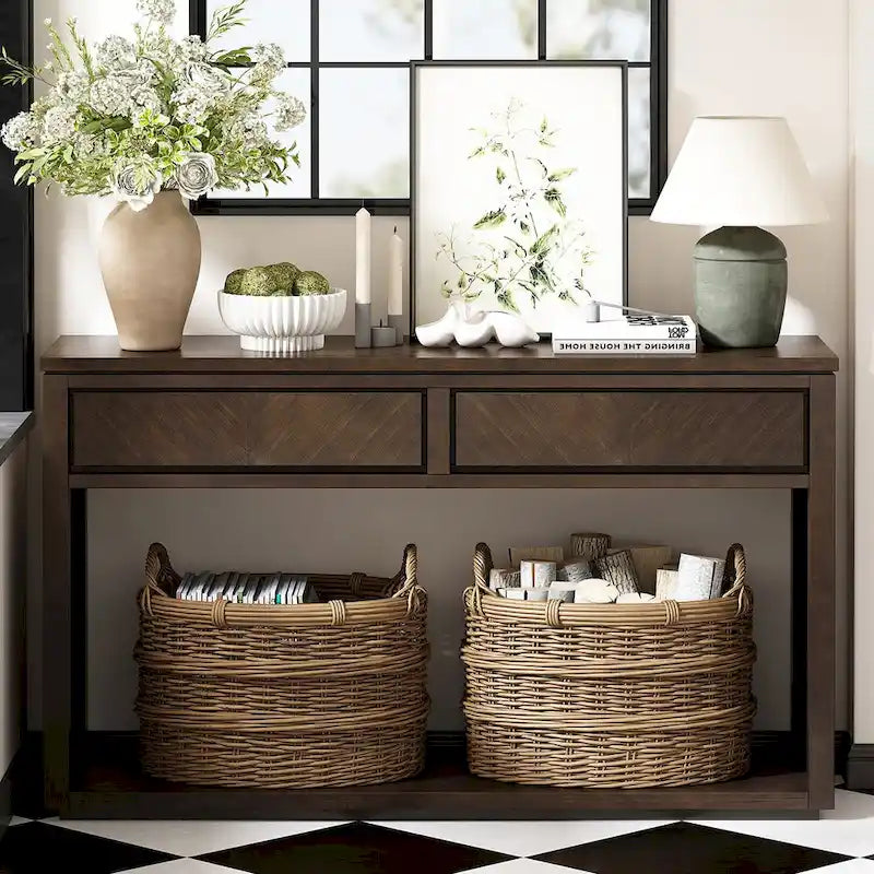 Console avec étagère et 2 tiroirs motif chevron 55 po – Brun / Miel / Naturel / Espresso